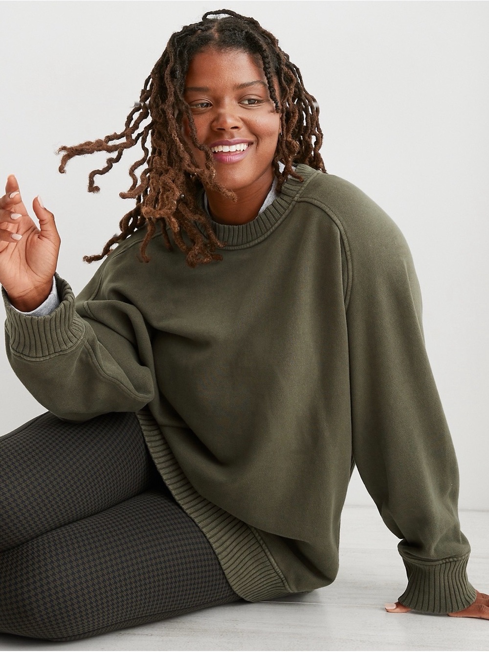 aerie Down to earth crew sweatshirt in nomad olive